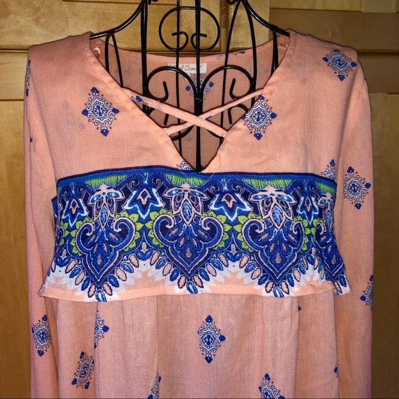 Red Camel boho chic coral and blue long sleeve Top size Medium - Picture 5 of 7